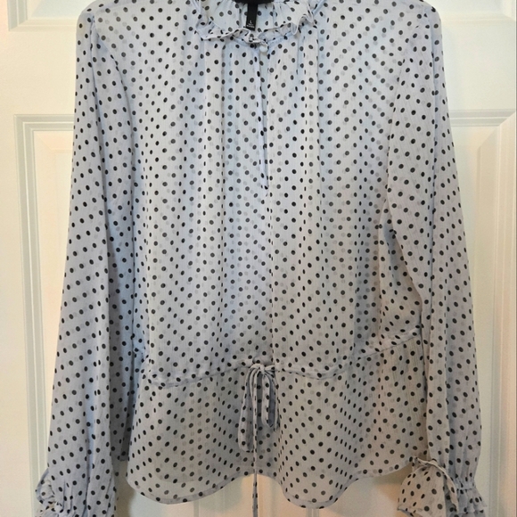 Light Blue Blouse With Navy Blue Polka Dots.  Size Large. - Picture 1 of 6